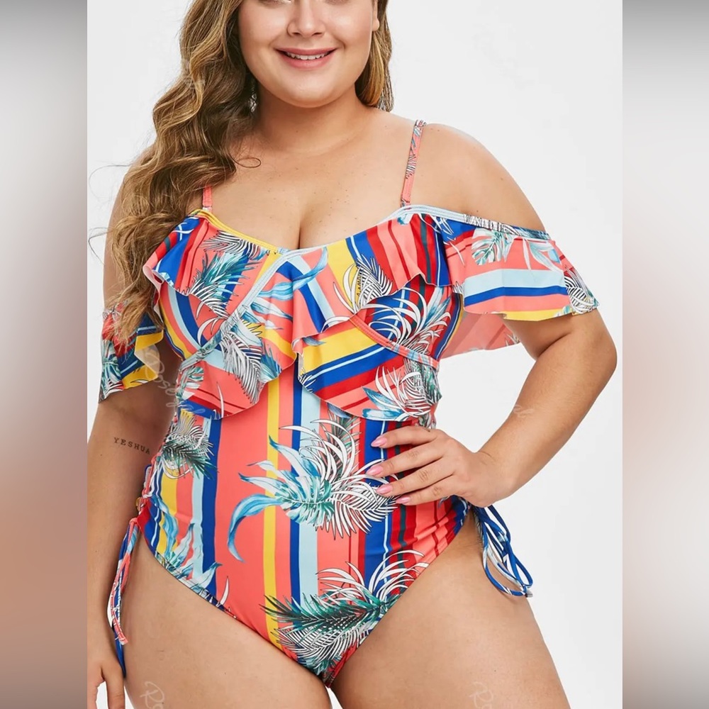XOXO One Piece Swimsuit Coral Pink Stripe w/Palms Sz 2X - Picture 12 of 12
